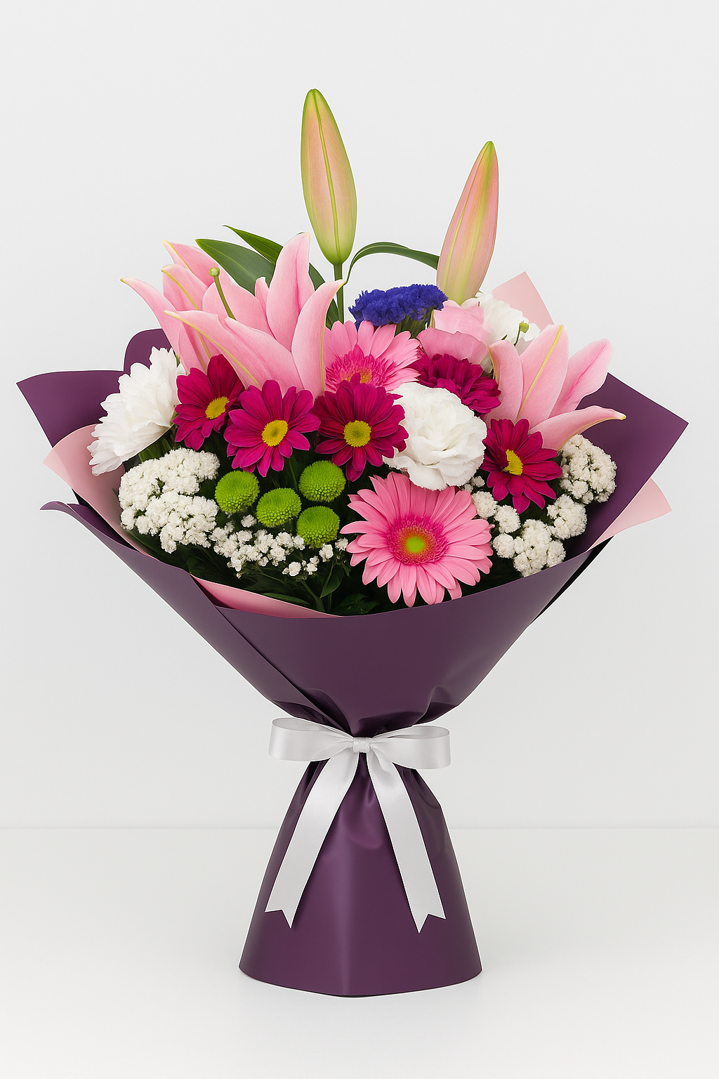 mor-lilyum-gerbera-papatya-buketi | Antalya Çiçek Siparişi