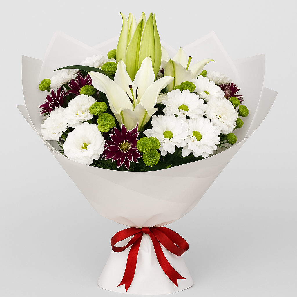 beyaz-lilyum-papatya-buketi | Antalya Çiçek Siparişi